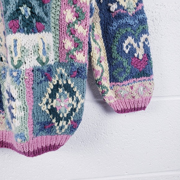 Signatures by Northern Isles Sweater Pink Blue Patchwork Floral Hand Knit Large - Picture 5 of 7